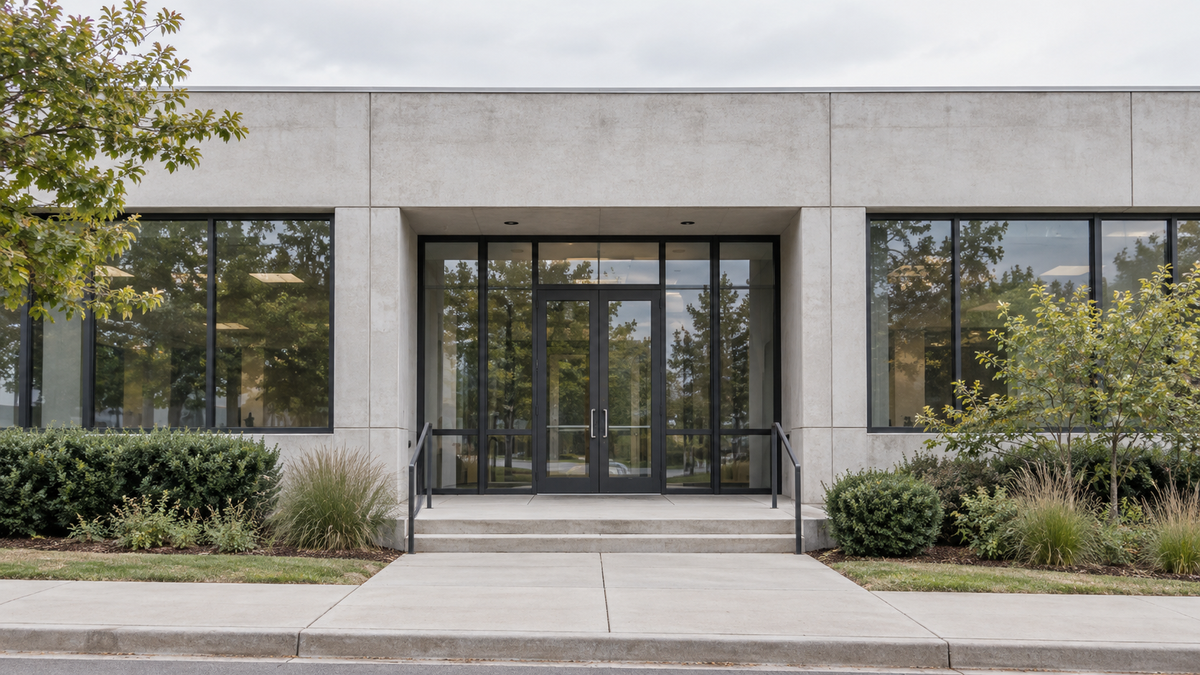 A modest civic office building with broad steps and an unmarked glass entrance.