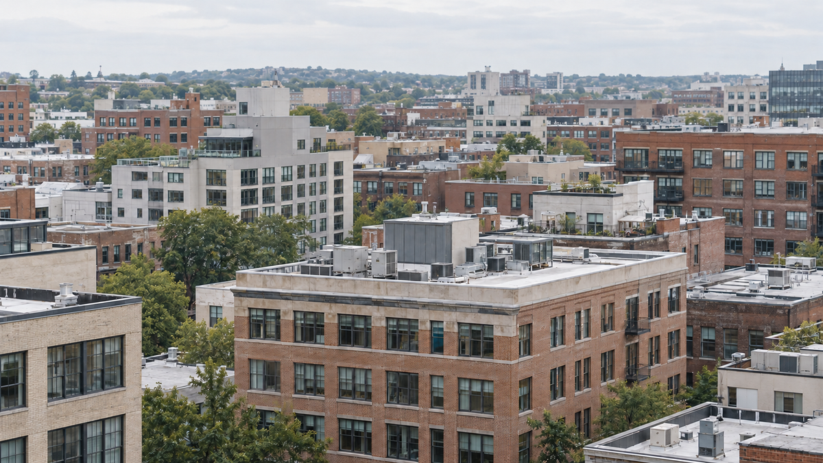 A dense group of mid-rise commercial and multifamily buildings seen from a neighboring rooftop.