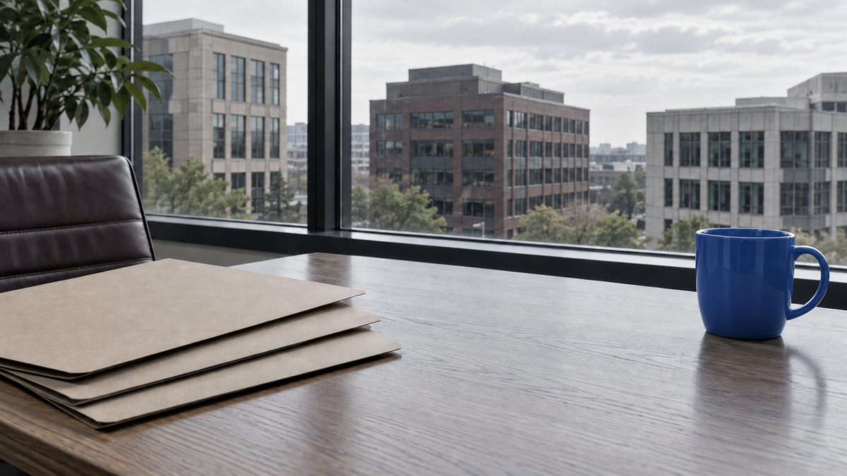 Unmarked closed kraft folders and a ceramic cup on a desk overlooking several commercial buildings.