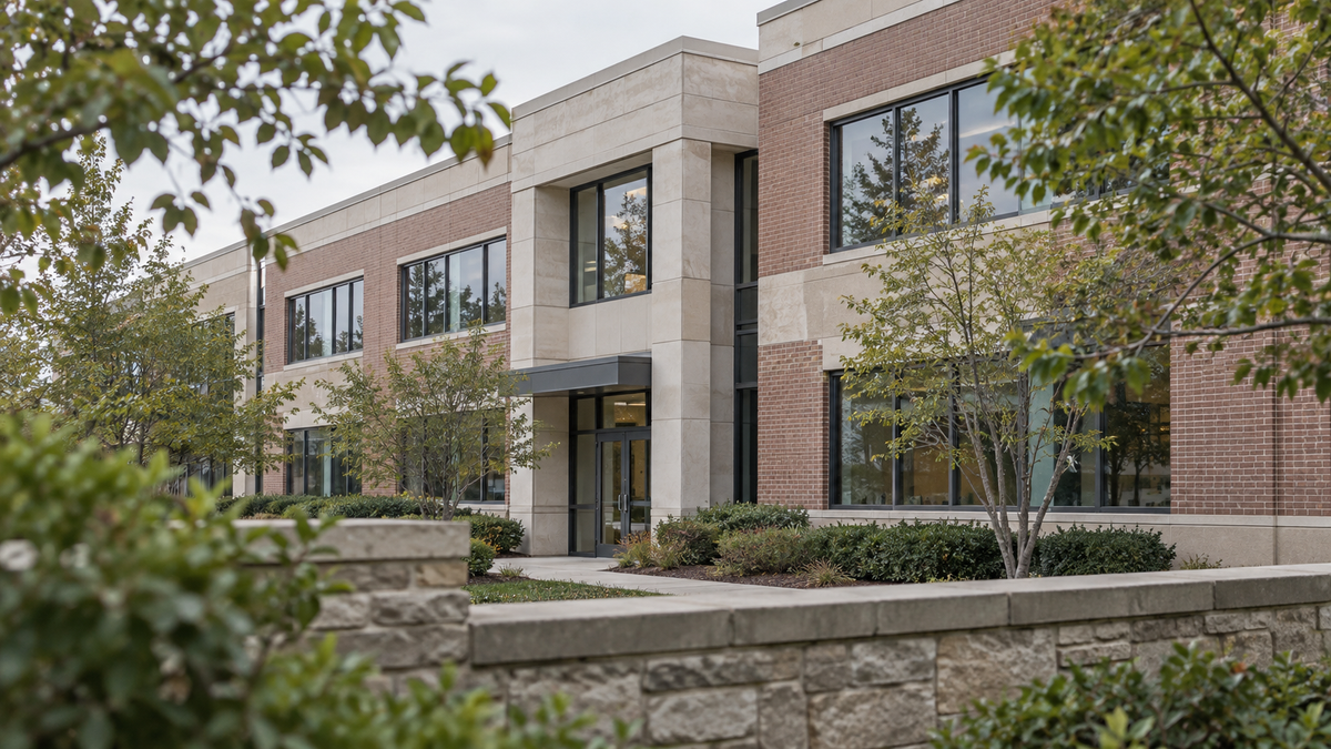 An ordinary commercial building viewed past a foreground wall and tree branches.