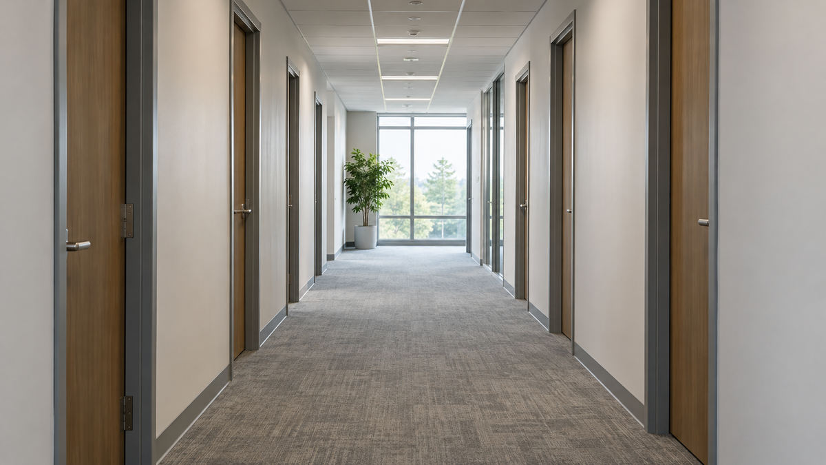 A long empty office-building corridor with closed doors and a window at the far end.