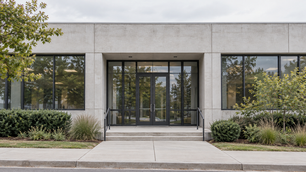 A modest civic office building with broad steps and an unmarked glass entrance.