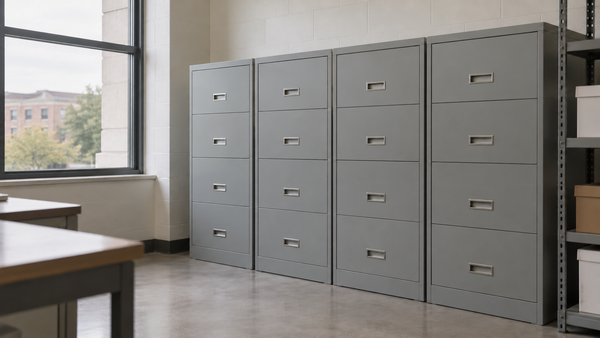 An empty records room with closed metal filing cabinets and diffuse daylight from a tall window.