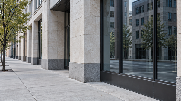 Quiet sidewalk beside a stone commercial building with neighboring buildings reflected in its windows.