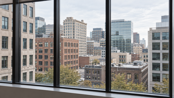 Several commercial buildings seen through a large divided office window.