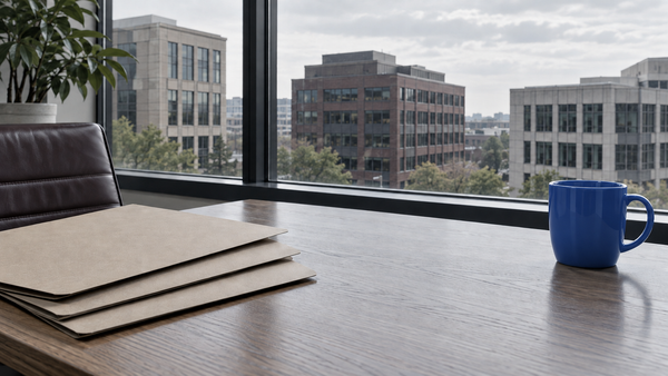 Unmarked closed kraft folders and a ceramic cup on a desk overlooking several commercial buildings.