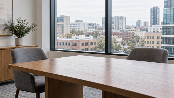Two empty chairs beside a meeting table overlooking ordinary city buildings.