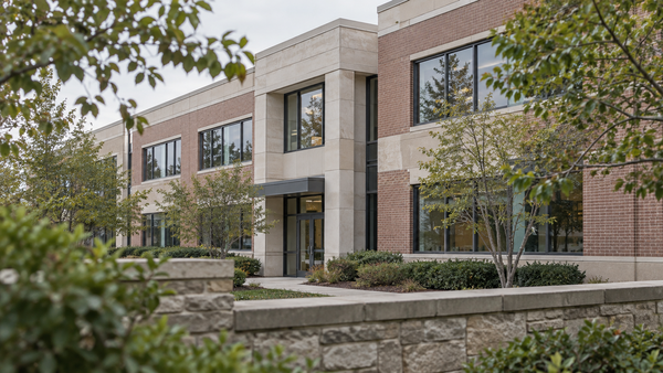 An ordinary commercial building viewed past a foreground wall and tree branches.