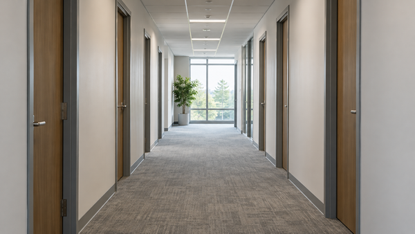 A long empty office-building corridor with closed doors and a window at the far end.